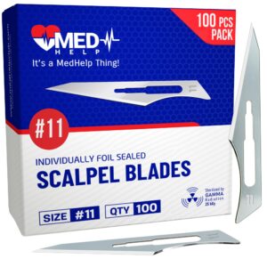 medhelp pack of 100 disposable surgical blades 11, size 11 medical scalpel blades for surgical scalpel knife, high carbon steel dermablade blades. individually wrapped 11 blade