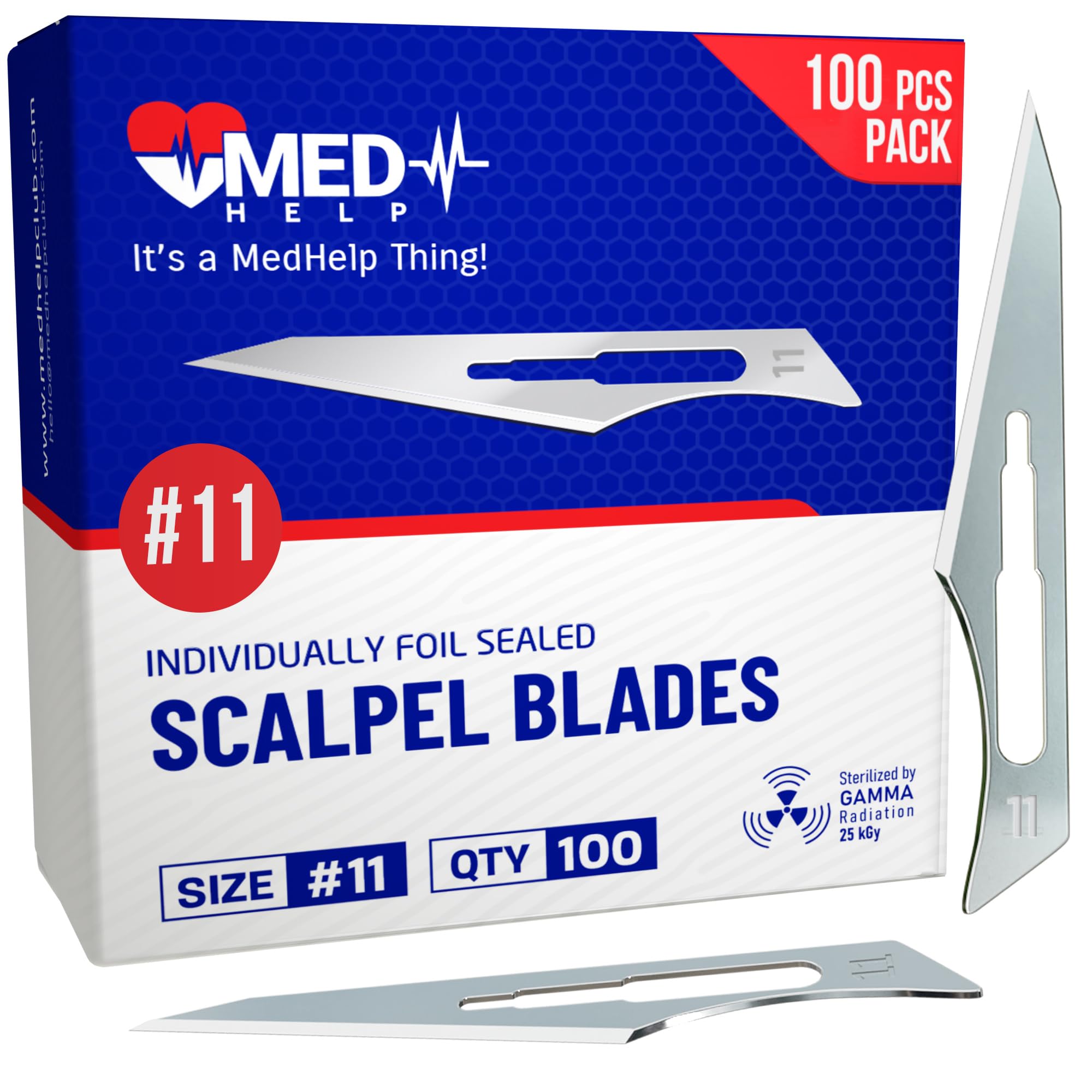 MedHelp Pack of 100 Disposable Surgical Blades 11, Size 11 Medical Scalpel Blades for Surgical Scalpel Knife, High Carbon Steel Dermablade Blades. Individually Wrapped 11 Blade