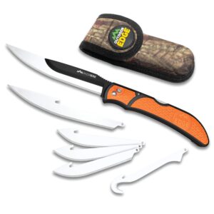 outdoor edge razorbone replaceable blade folding hunting knife with clip & sheath. 3 butcher knife blade styles - boning, gutting, & skinning knives. blaze orange, camo sheath, 6 blades & blade box