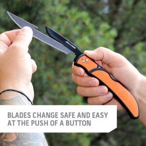 OUTDOOR EDGE RazorBone Replaceable Blade Folding Hunting Knife with Clip & Sheath. 3 Butcher Knife Blade Styles - Boning, Gutting, & Skinning Knives. Blaze Orange, Camo Sheath, 6 Blades & Blade Box