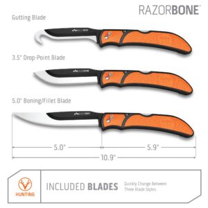 OUTDOOR EDGE RazorBone Replaceable Blade Folding Hunting Knife with Clip & Sheath. 3 Butcher Knife Blade Styles - Boning, Gutting, & Skinning Knives. Blaze Orange, Camo Sheath, 6 Blades & Blade Box