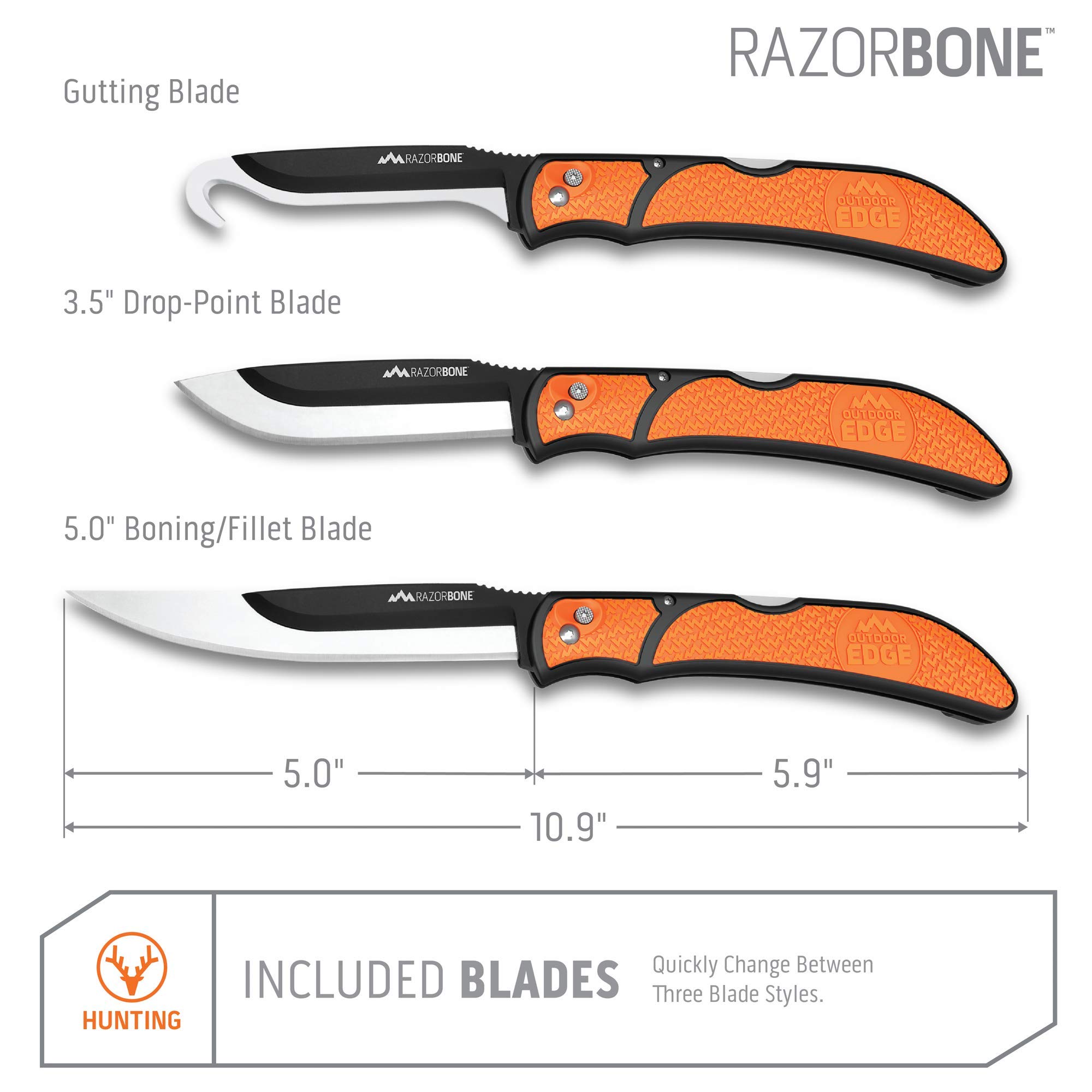 OUTDOOR EDGE RazorBone Replaceable Blade Folding Hunting Knife with Clip & Sheath. 3 Butcher Knife Blade Styles - Boning, Gutting, & Skinning Knives. Blaze Orange, Camo Sheath, 6 Blades & Blade Box