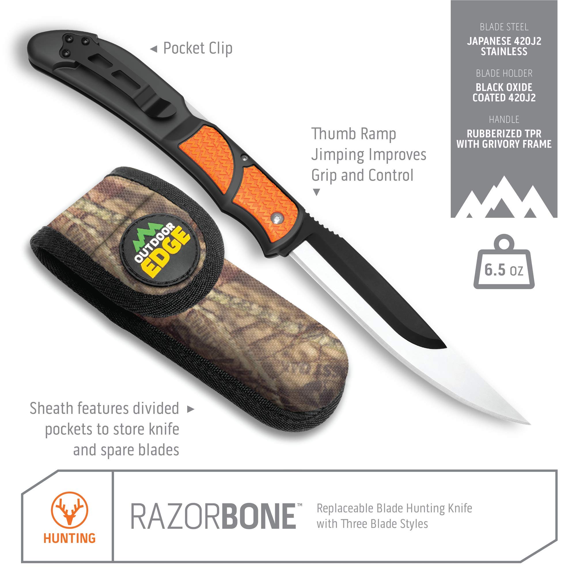 OUTDOOR EDGE RazorBone Replaceable Blade Folding Hunting Knife with Clip & Sheath. 3 Butcher Knife Blade Styles - Boning, Gutting, & Skinning Knives. Blaze Orange, Camo Sheath, 6 Blades & Blade Box