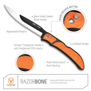 OUTDOOR EDGE RazorBone Replaceable Blade Folding Hunting Knife with Clip & Sheath. 3 Butcher Knife Blade Styles - Boning, Gutting, & Skinning Knives. Blaze Orange, Camo Sheath, 6 Blades & Blade Box