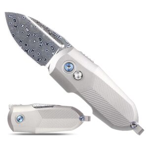 xtouc small pocket knife,1.38" damascus blade edc folding knives with button lock titanium handle knifes td774