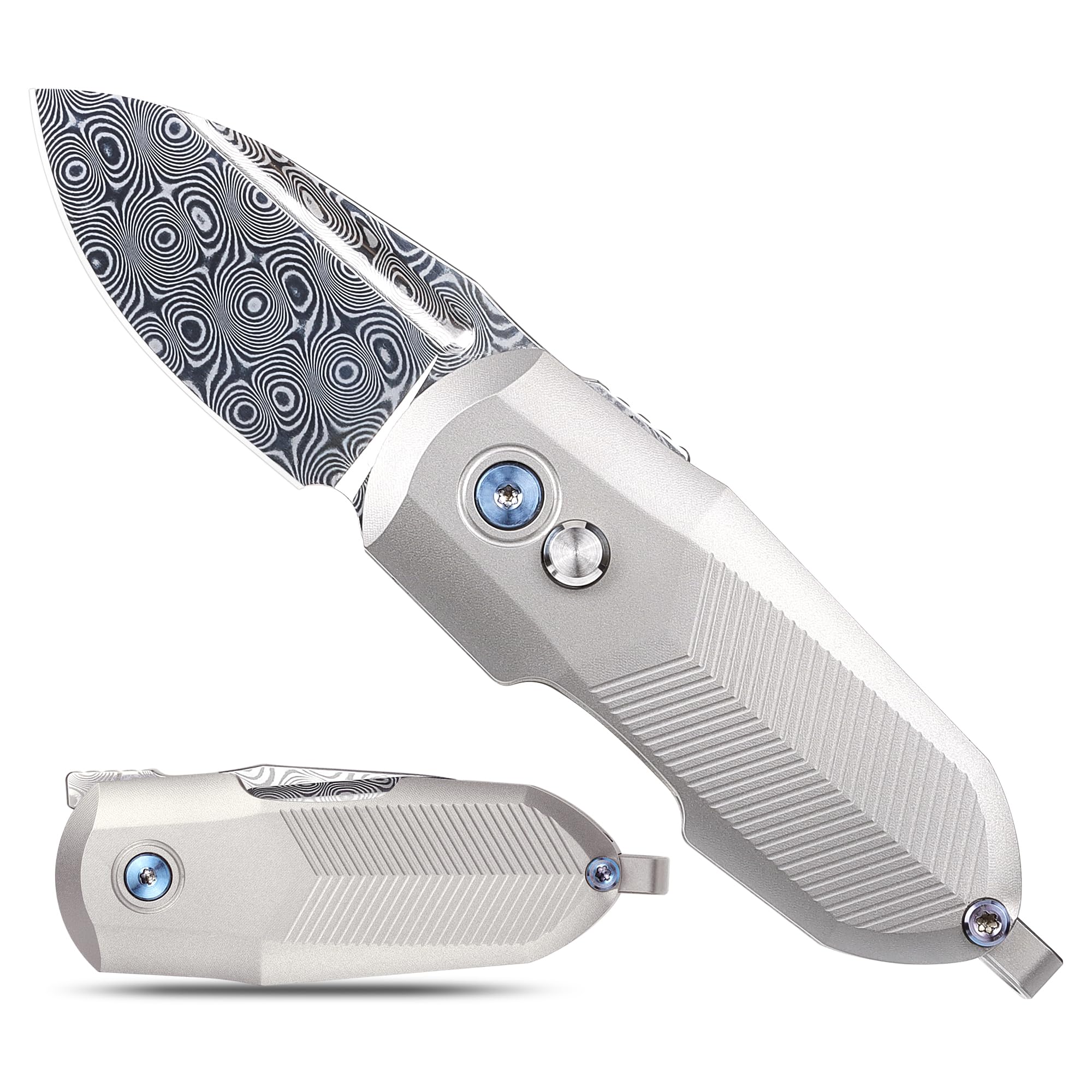 XTOUC Small Pocket Knife,1.38" Damascus Blade EDC Folding Knives with Button Lock Titanium Handle Knifes TD774