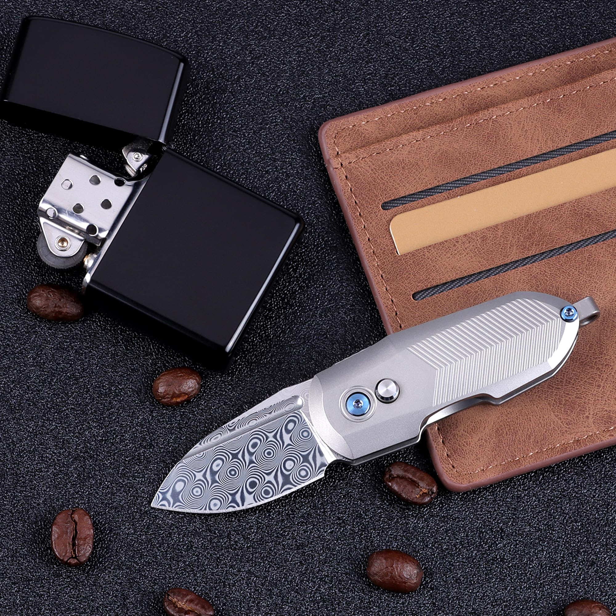 XTOUC Small Pocket Knife,1.38" Damascus Blade EDC Folding Knives with Button Lock Titanium Handle Knifes TD774