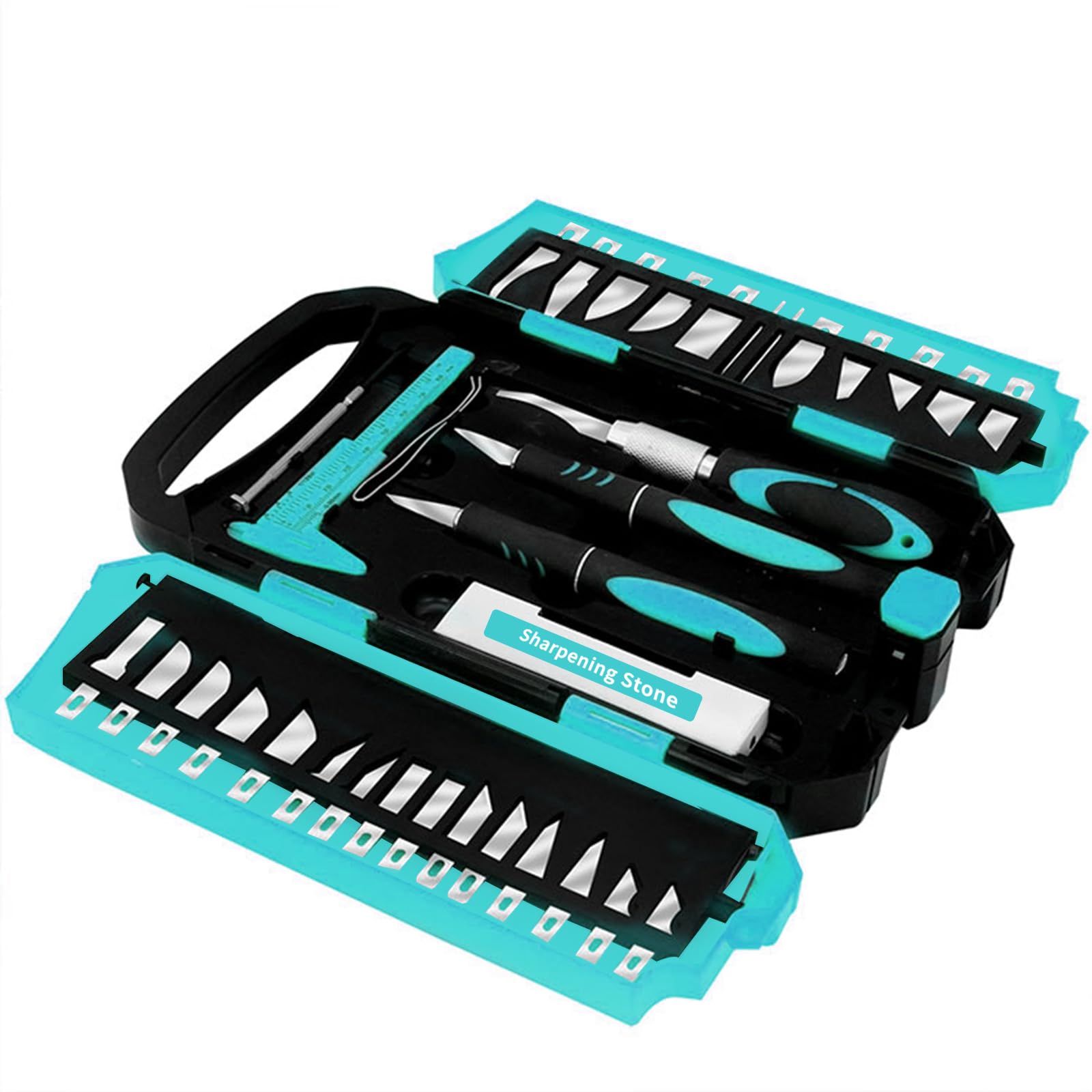 MANUFORE 34pcs Large Exacto Knife Set Blue Deluxe Craft Precision Knife Set Include 3pcs Craft Knives with Anti-Slip Rubber Grip, 25pcs Different Blades, 2pcs Needles, Sharpening Stone, Screwdriver