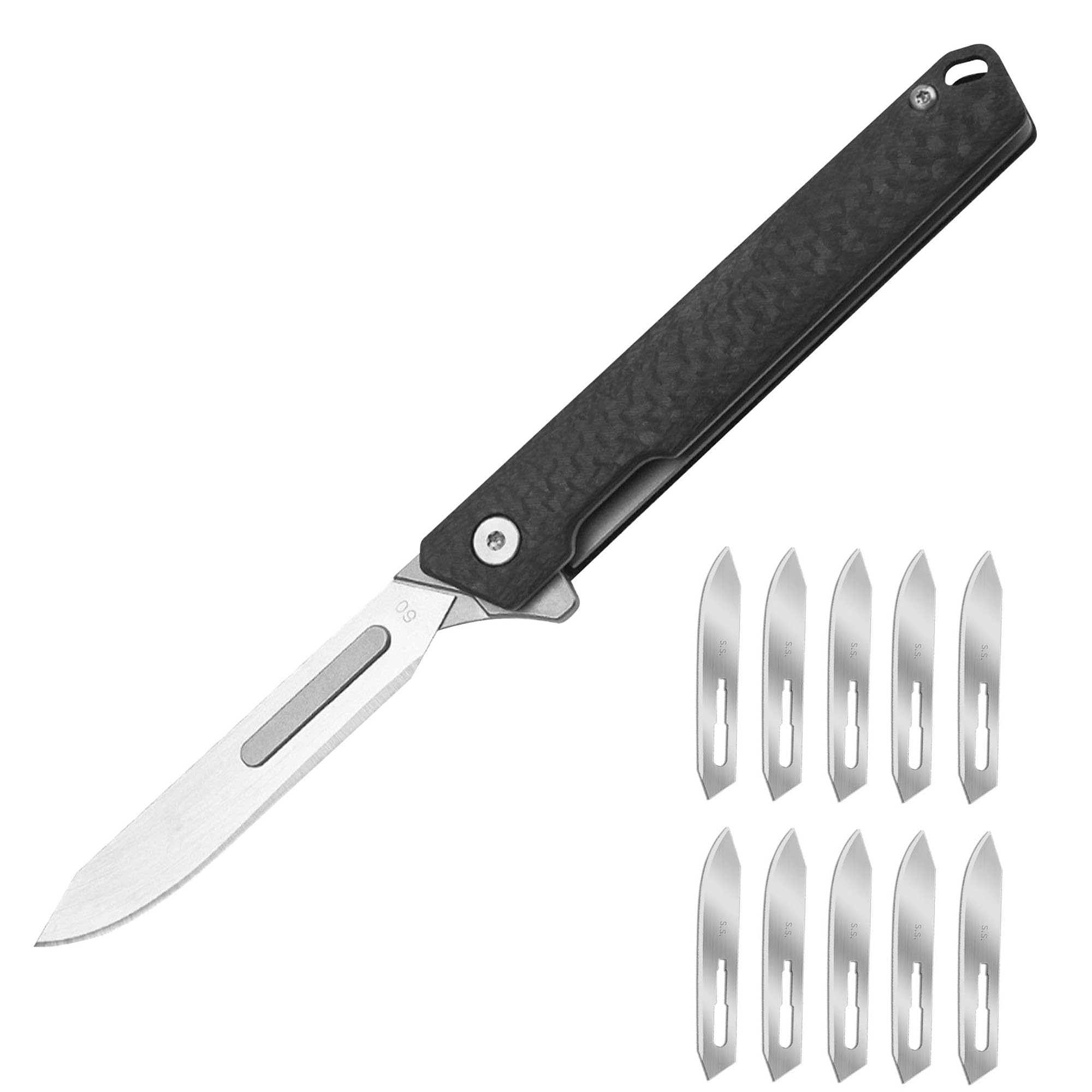 WIOKINY Folding Scalpel Carbon Fiber EDC Pocket Knife With 10pcs extra Replaceable Blades (With clips-#60 Blades)