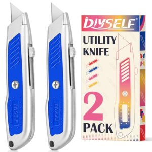 diyself 2 pack box cutter- sharp utility knife- box cutters heavy duty for carpet, cardboard, paper- razor knife- box opener- cardboard cutter- exacto knife- retractable knife (blue)