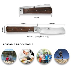 ZhengSheng Folding Chef Knife 4.8" Sharp 440A Stainless Steel Blade Wooden Handle Pocket Foldable Japanese Style Kitchen Knife for Outdoor Camping Cooking