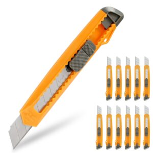 mulwark 12-pack 18mm utility knife multi-purpose box cutter retractable with smooth mechanism for cardboard, cartons and boxes, sharp snap off razor blades for office, home, crafts