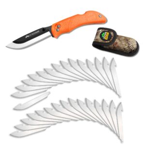 outdoor edge knives' razorpro l hunting knife with razor-sharp replaceable blade features non-slip trp orange handle, belt holster, & 30 blades. must-have field dressing knife for your hunting gear