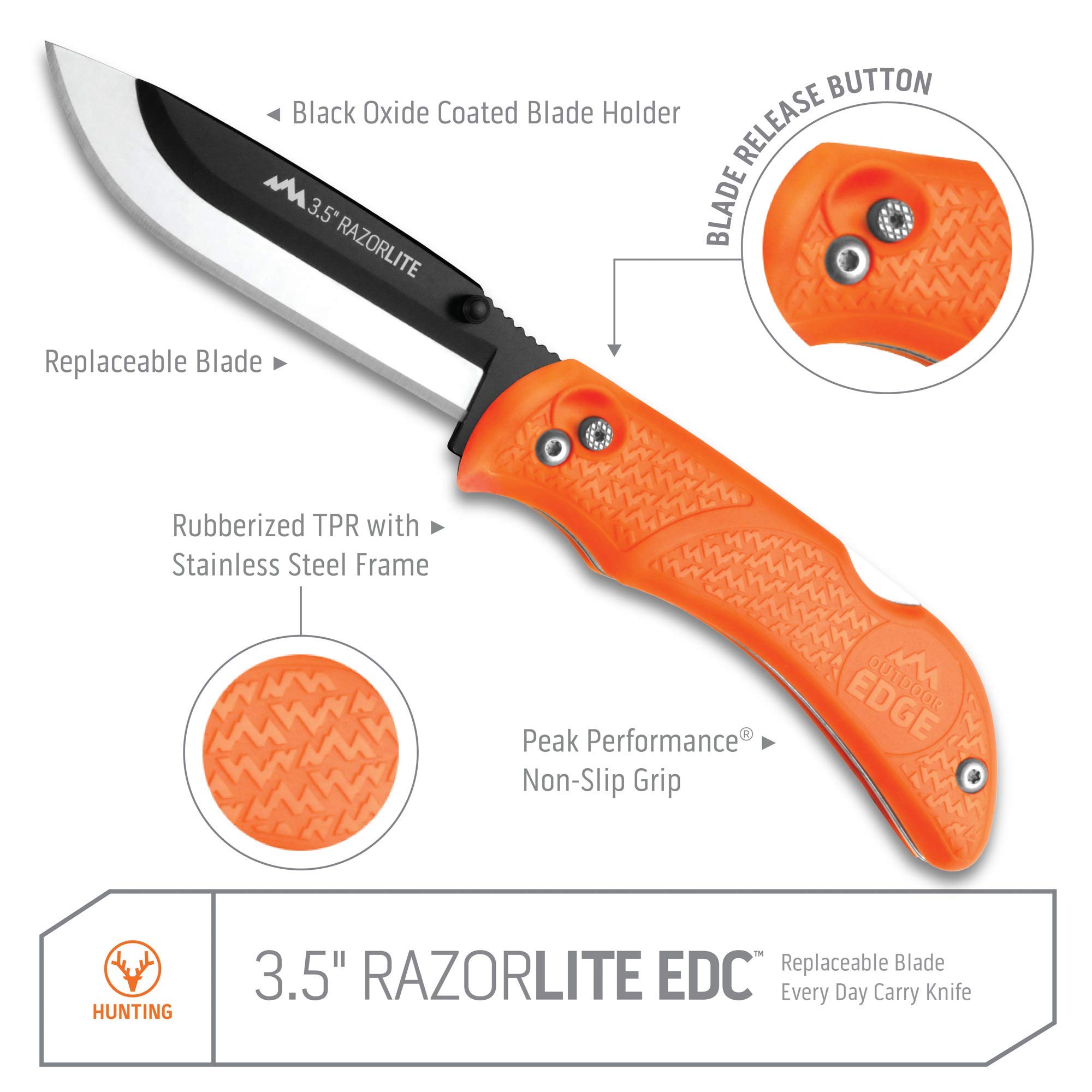 OUTDOOR EDGE Knives' RazorPro L Hunting Knife with Razor-Sharp Replaceable Blade features Non-Slip TRP Orange Handle, Belt Holster, & 30 Blades. Must-Have Field Dressing Knife for Your Hunting Gear