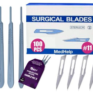 MEDHELP Pack of 100 Disposable Surgical Blades 11 and Pack of 3 Scalpel Handle #3 - Size 11 Scalpel Blades for Surgical Knife Scalpel, High Stainless Steel Dermablade Surgical Blades