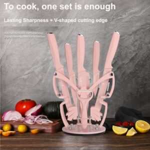 Stainless Steel Kitchen Knife Set of 6 Piece with Chef, Carving, Bread, Paring and Utility Knife,Sharp Knife Blade with Ergonomic Handle and Rotatable Butterfly knife holder (PINK)