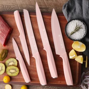 Stainless Steel Kitchen Knife Set of 6 Piece with Chef, Carving, Bread, Paring and Utility Knife,Sharp Knife Blade with Ergonomic Handle and Rotatable Butterfly knife holder (PINK)