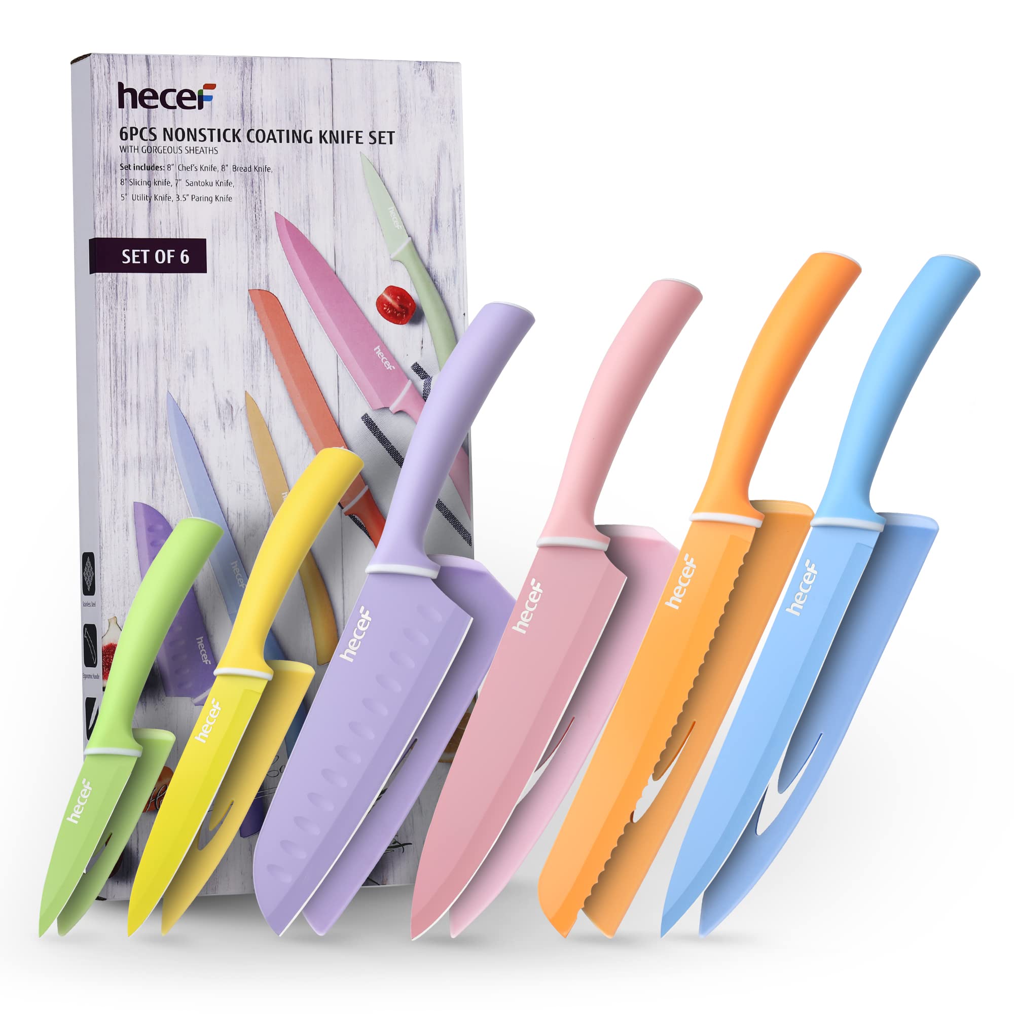 hecef Colorful Knife Set, 6 Pieces Kitchen Knife Set with Covers, Stainless Steel Colour Coded Non-Stick Cooking Knife Set Including Paring, Utility, Bread, Carving, Santoku & Chef Knife