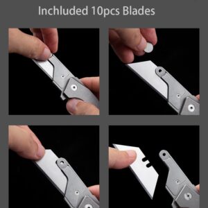 ainhue A373 Pocket Folding Flipper Utility Knife, 10pcs Replaceable Blades, 3.73 inches Stonewashed Titanium Handles Pocket Clip, Compact High-end Art Craft Wallpaper Cutter Electrician Knives