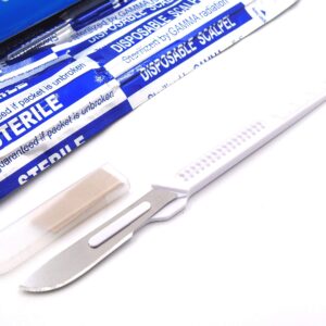 Disposable Scalpels High-Carbon Steel Blades, Plastic Graduated Handle, Sterile, Individually Foil Wrapped, Box of 10 (Disposable Scalpel #22)