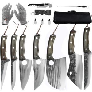 fullhi 13pcs butcher chef knife set include sheath high carbon steel cleaver kitchen knife whole tang vegetable cleaver home bbq camping with knife bag