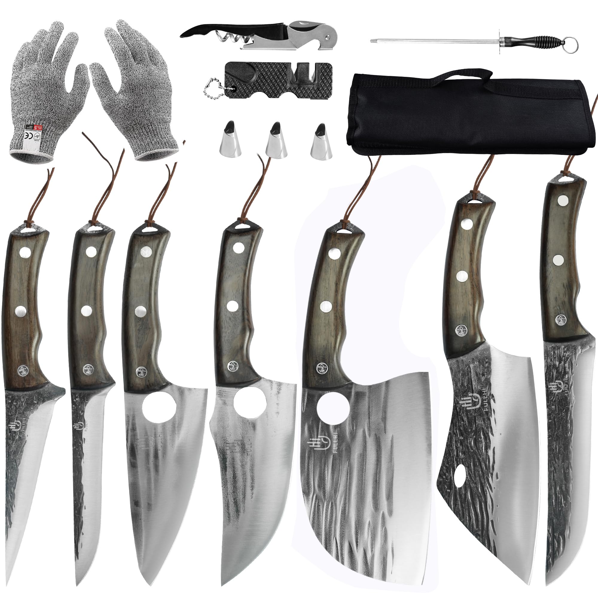 FULLHI 13pcs Butcher Chef Knife Set include sheath High Carbon Steel Cleaver Kitchen Knife Whole Tang Vegetable Cleaver Home BBQ Camping with Knife Bag