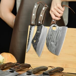 FULLHI 13pcs Butcher Chef Knife Set include sheath High Carbon Steel Cleaver Kitchen Knife Whole Tang Vegetable Cleaver Home BBQ Camping with Knife Bag