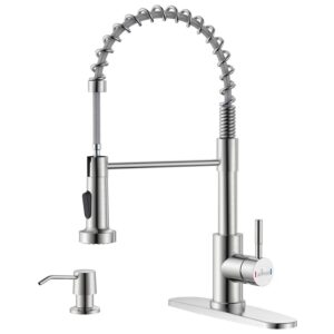 appaso commercial kitchen faucet with soap dispenser, 18'' tall high arc kitchen sink faucet, single handle commercial spring style faucet with pull down sprayer for kitchen laundry rv, brushed nickel