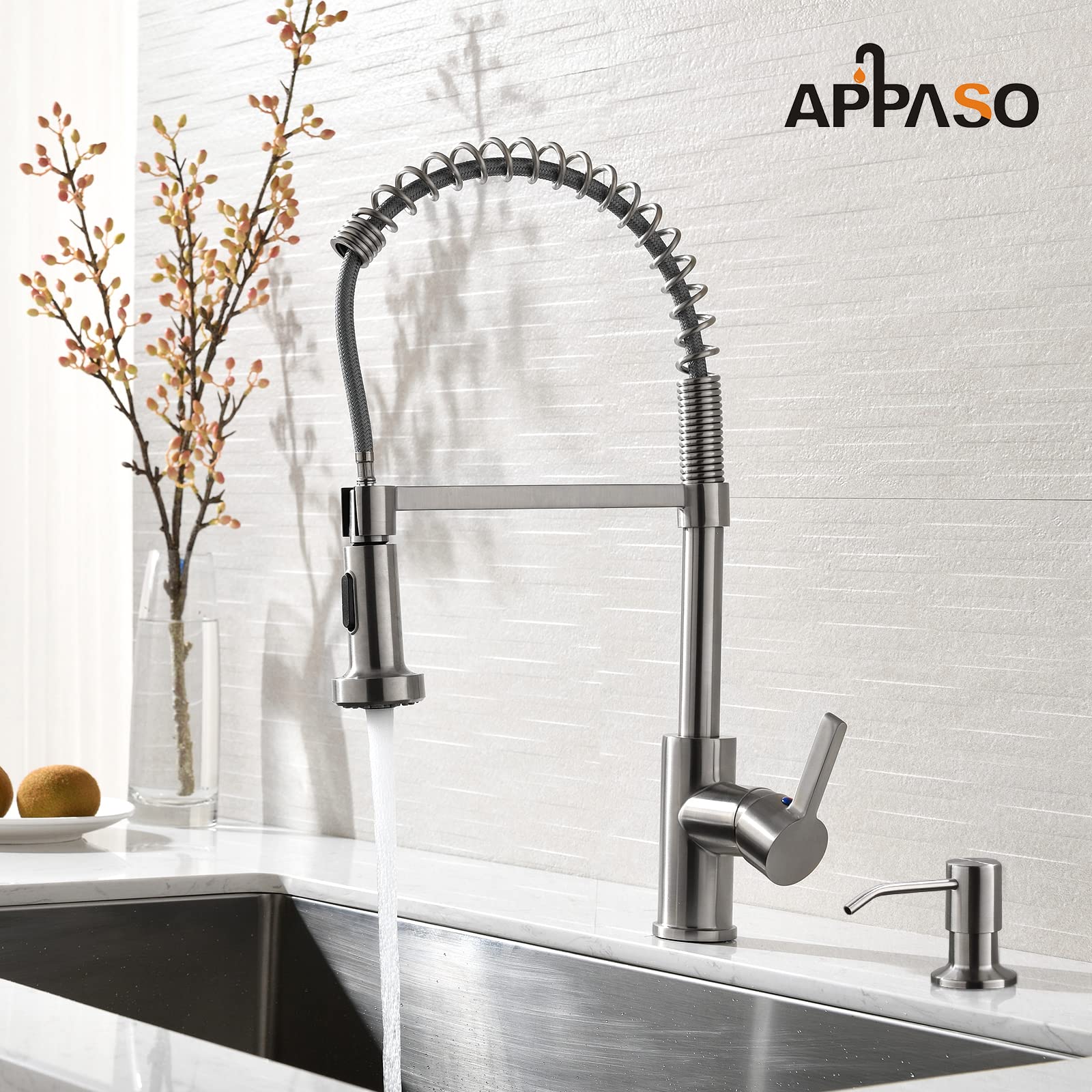 APPASO Commercial Kitchen Faucet with Soap Dispenser, 18'' Tall High Arc Kitchen Sink Faucet, Single Handle Commercial Spring Style Faucet with Pull Down Sprayer for Kitchen Laundry RV, Brushed Nickel