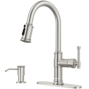 Pull Down Kitchen Faucet with Sprayer Brushed Nickel, DAYONE Single Handle Antique One Hole High Arc Pull Out Kitchen Sink Faucets with Soap Dispenser,APS136BN