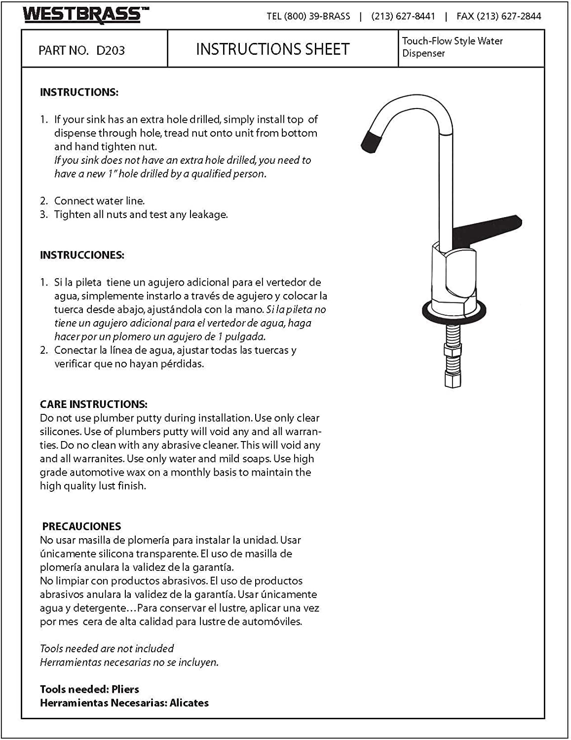 Westbrass D203-NL-07 6" Touch-Flo Style Pure Cold Water Dispenser Faucet, 1 Pack, Satin Nickel