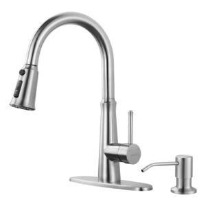 WOWOW Kitchen Faucet with Sprayer,Brushed Nickel Single Handle High Arc Stainless Steel Kitchen Faucet Tap with Pull Down Sprayer for 2 or 4 Hole,Pull Out Kitchen Faucet with Deck Plate & 3 Functions