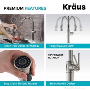 KRAUS Sellette Traditional Spot Free Stainless Steel Single Handle Pull-Down Kitchen Faucet with Deck Plate and Soap Dispenser, KPF-1682SFS-KSD-80SFS