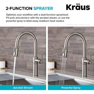 KRAUS Sellette Traditional Spot Free Stainless Steel Single Handle Pull-Down Kitchen Faucet with Deck Plate and Soap Dispenser, KPF-1682SFS-KSD-80SFS