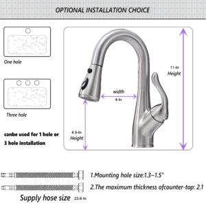 SOOSWEET Single Hole Bathroom Faucet with 3 Function Pull-out Sprayer, Brushed Nickel