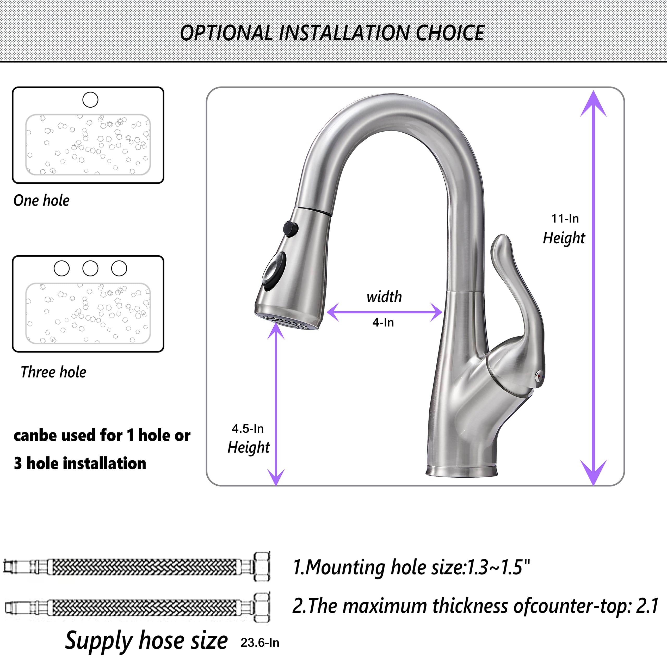 SOOSWEET Single Hole Bathroom Faucet with 3 Function Pull-out Sprayer, Brushed Nickel