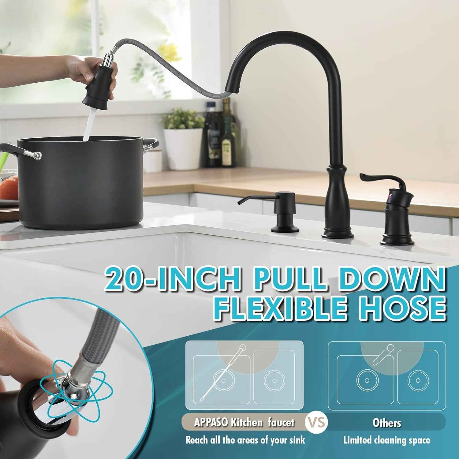 3 Hole Kitchen Faucet with Pull Down Sprayer, APPASO Kitchen Faucet with Soap Dispenser, 3 Pieces Kitchen Faucet with Separate Handle, Matte Black Kitchen Faucet 3 Hole, 218MB