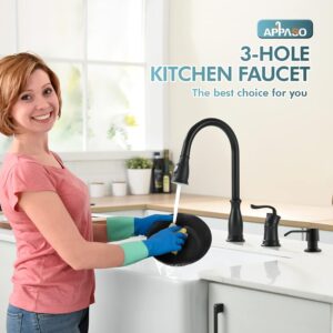 3 Hole Kitchen Faucet with Pull Down Sprayer, APPASO Kitchen Faucet with Soap Dispenser, 3 Pieces Kitchen Faucet with Separate Handle, Matte Black Kitchen Faucet 3 Hole, 218MB