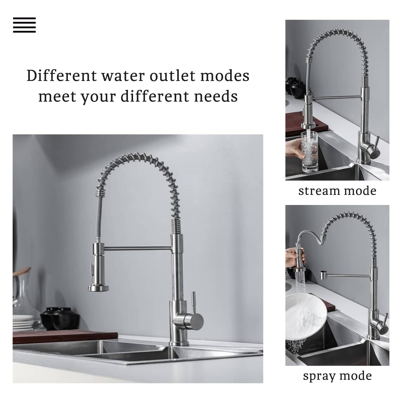 Kitchen Faucet with Pull Down Sprayer, Spring Single Handle Kitchen Sink Faucets Modern Brushed Nickel Pull-Out Spring Kitchen Stainless Steel Kitchen Faucets for Camper Farmhouse RV Bar Kitchen Sinks