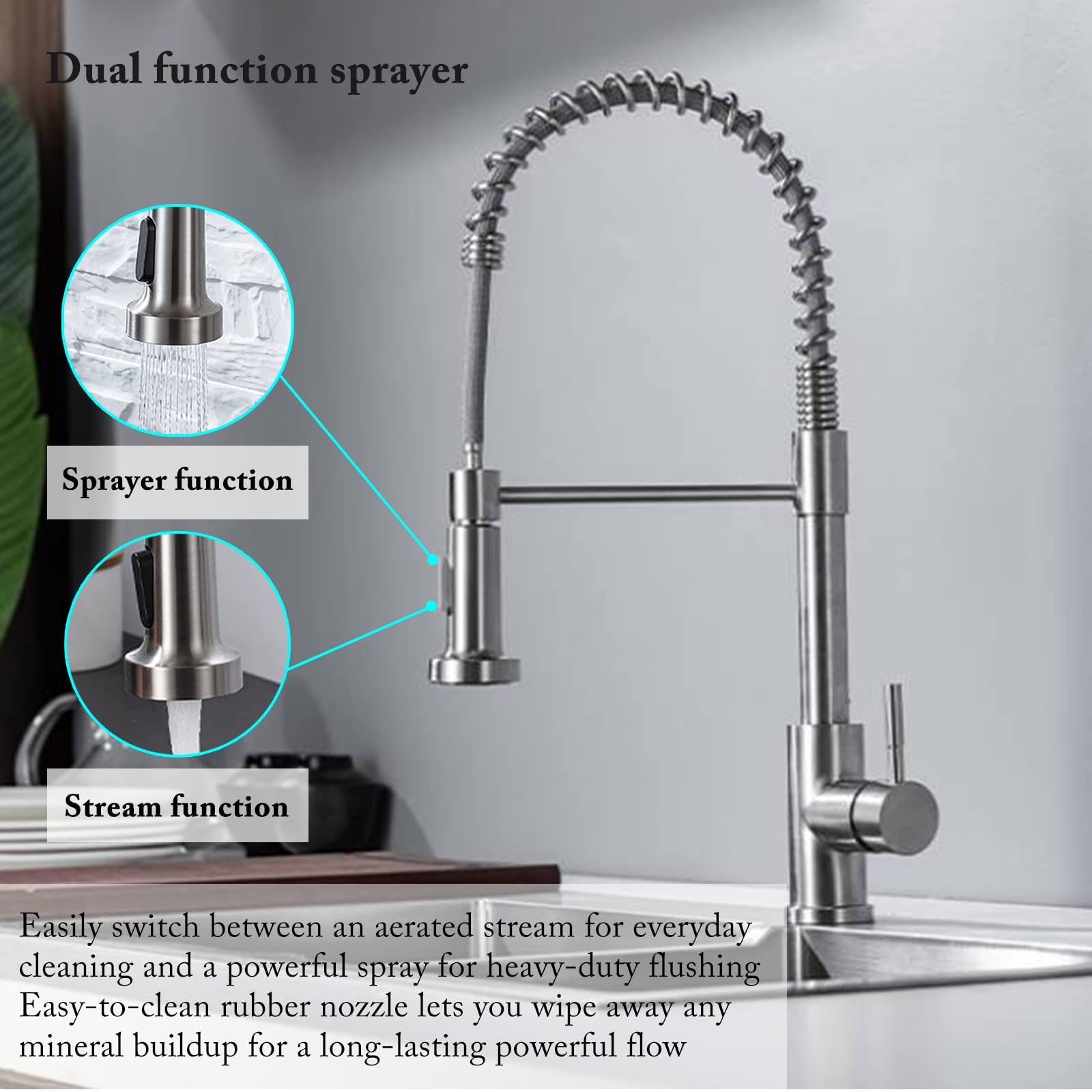 Kitchen Faucet with Pull Down Sprayer, Spring Single Handle Kitchen Sink Faucets Modern Brushed Nickel Pull-Out Spring Kitchen Stainless Steel Kitchen Faucets for Camper Farmhouse RV Bar Kitchen Sinks