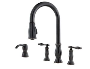 pfister hanover kitchen faucet with pull down sprayer and soap dispenser, 2-handle, high arc, tuscan bronze finish, f5314hny