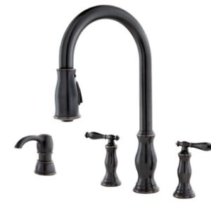 Pfister Hanover Kitchen Faucet with Pull Down Sprayer and Soap Dispenser, 2-Handle, High Arc, Tuscan Bronze Finish, F5314HNY