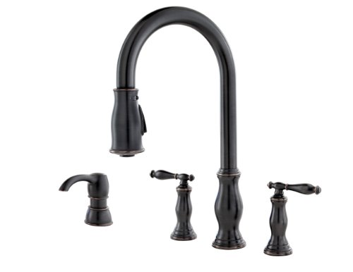 Pfister Hanover Kitchen Faucet with Pull Down Sprayer and Soap Dispenser, 2-Handle, High Arc, Tuscan Bronze Finish, F5314HNY