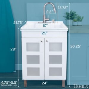 Utility Sink with White Vanity Cabinet by JS Jackson Supplies, Stainless High-Arc Pull-Down Sprayer Faucet, Soap Dispenser and Spacious Vanity for Laundry Room