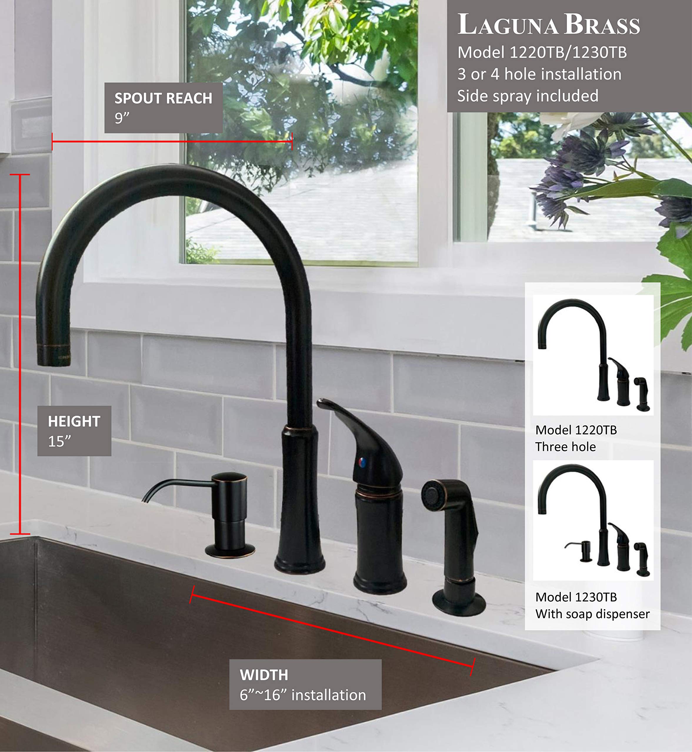 Laguna Brass 1230TB Single Handle High Arc Kitchen Faucet with Spray, Oil Rubbed Bronze Finish with Soap Dispenser