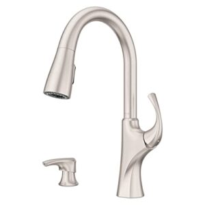 pfister miri 2.0 kitchen faucet with pull down sprayer and soap dispenser, single handle, high arc, spot defense stainless steel finish, f5297mrrgs