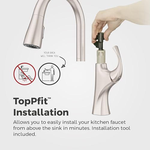 Pfister Miri 2.0 Kitchen Faucet with Pull Down Sprayer and Soap Dispenser, Single Handle, High Arc, Spot Defense Stainless Steel Finish, F5297MRRGS