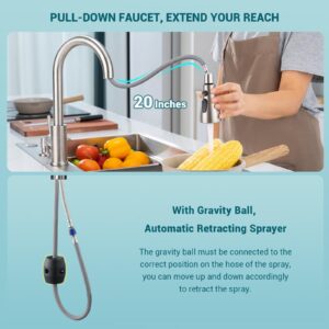 DAYONE Kitchen Fuacet with Soap Dispenser Brushed Nickel, 3 Modes Stainless Steel for 1/2 Holes Kitchen Sink, 360° Single Handle High Arc Sink Faucet with Pull Down Sprayer, DAY-CR0014