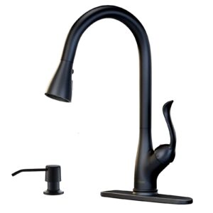 Matte Black Kitchen Faucet Pull Down Sprayer and Soap Dispenser - Single Handle Commercial High Arc One Hole Pull Out Spray Head Kitchen Sink Faucets with Deck Plate, APPASO