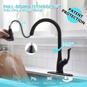 Matte Black Kitchen Faucet Pull Down Sprayer and Soap Dispenser - Single Handle Commercial High Arc One Hole Pull Out Spray Head Kitchen Sink Faucets with Deck Plate, APPASO